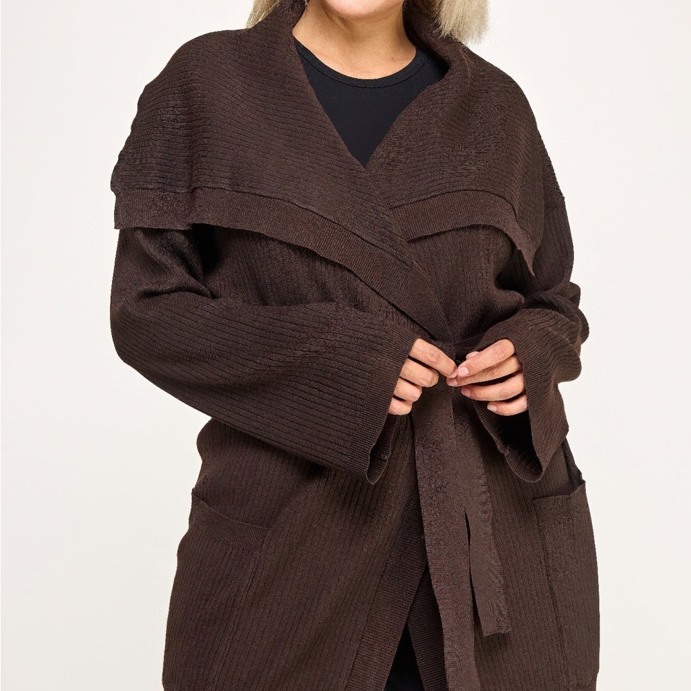 Ribbed Wrap Cardigan With Waist Belt